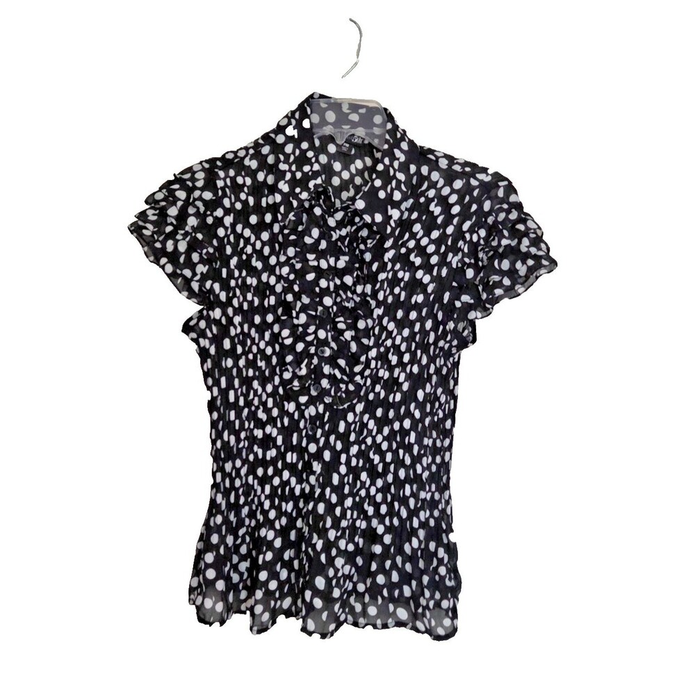 East 5th Womens Petite PM Black White Polka Dot Button Blouse Short Sleeve Top